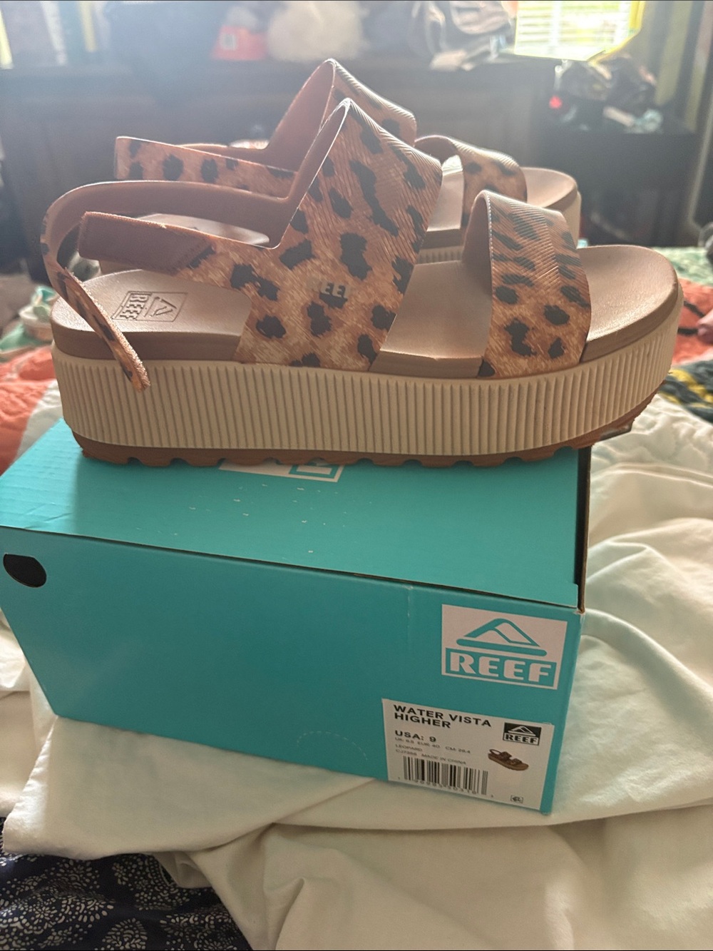 Reef Leopard Print Platform Sandals in Brown